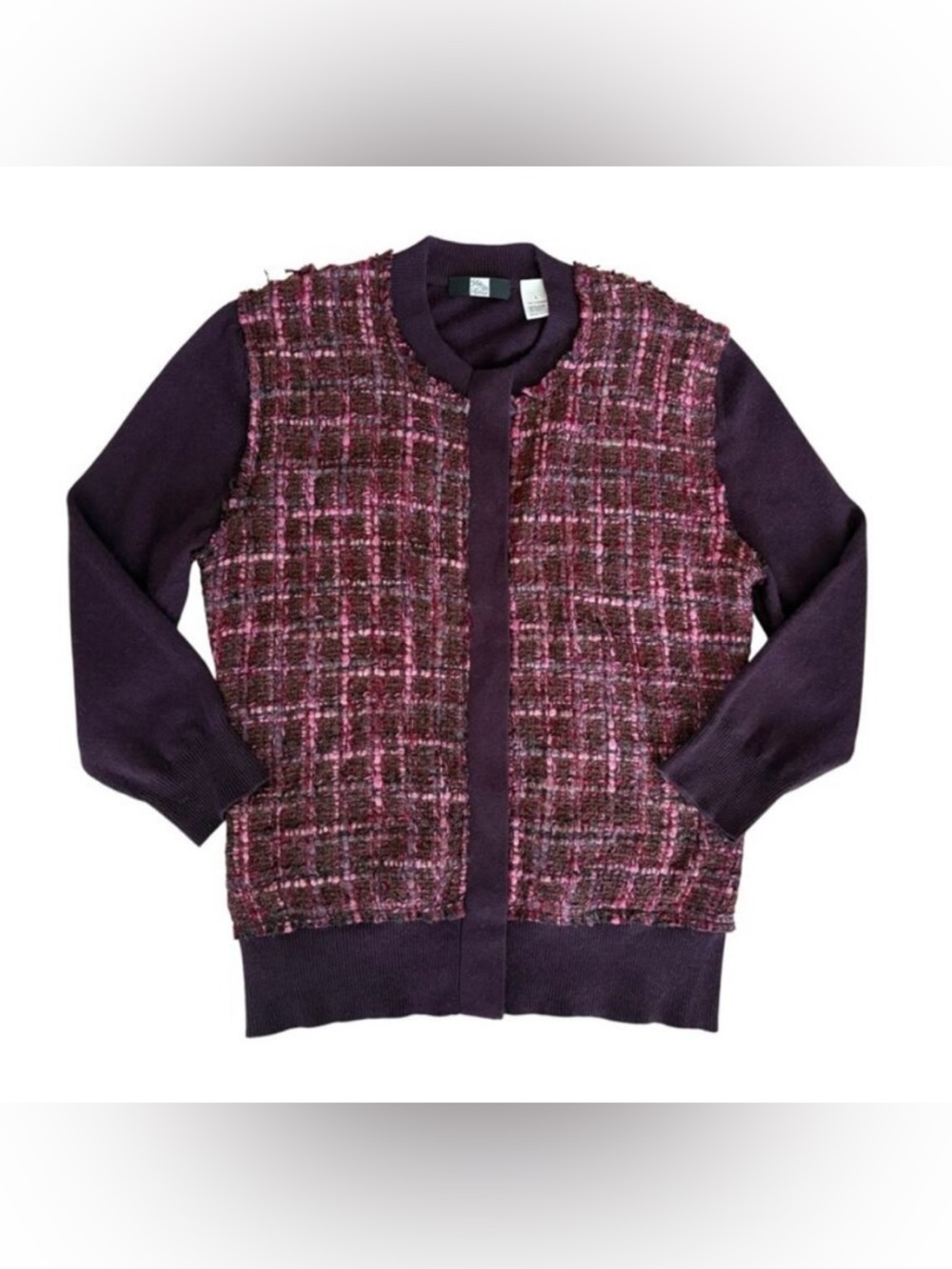 Saks Fifth Avenue Purple and Pink Tweed Front Cardigan